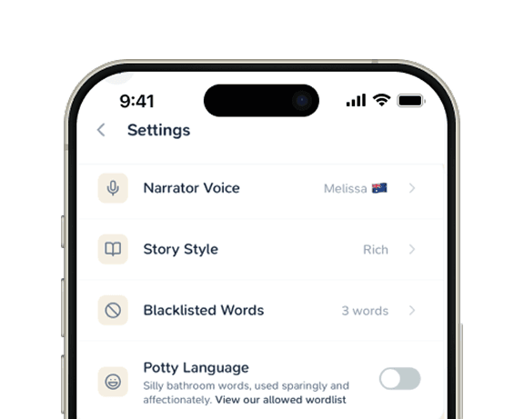 settings page showing preferences for narrator voice, word selection